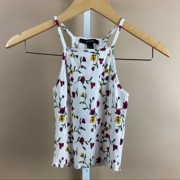 Forever 21 Small 90’s Boho Floral Crop Ruffle Tank Top Lettuce Hem High Neck - Picture 1 of 7